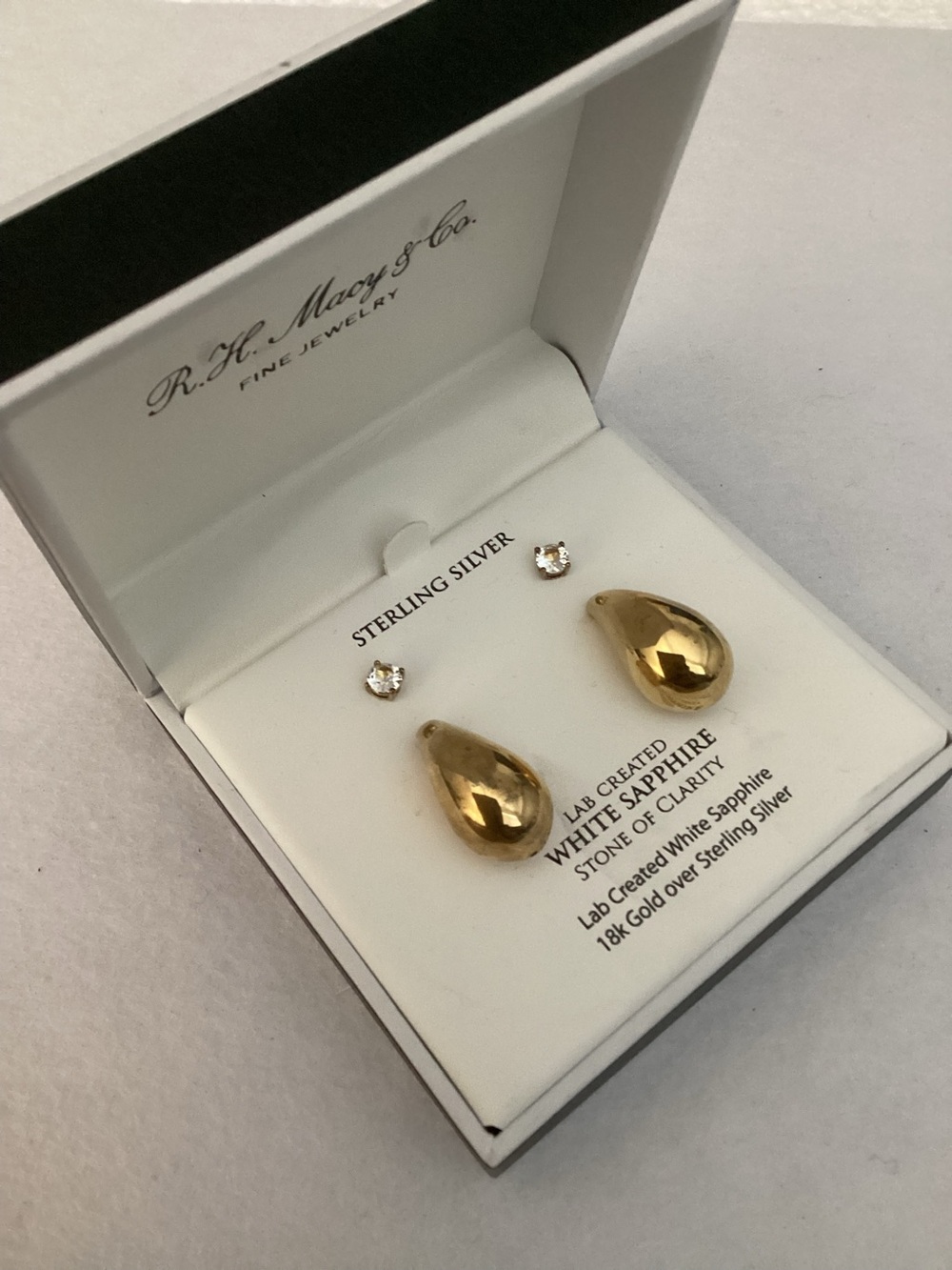RH Macys 18K Gold Over Sterling Silver Teardrop & White Sapphire Studs Earrings